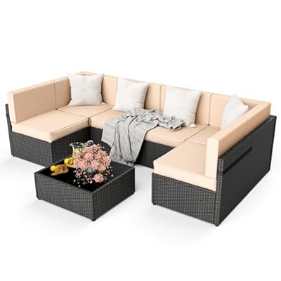 Pamapic Outdoor Rattan Sectional Sofa Conversation Set,7 Pieces Patio Furniture with Tea Table and Washable Cushions, Cream