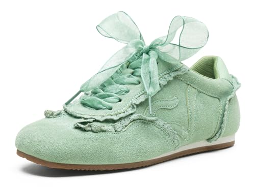 Vepose Womens Green Casual Dressy Retro Fashion Sneakers Square Toe Suede Lace Tennis Shoes Comfortable Everyday Walking Vacation Travel Work 8205 Size 8 US(CJY8205 greenpu 08)
