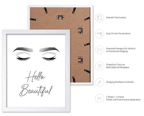 Image of Poster Master Fashion Poster - Hello Beautiful Print - Trendy Art - Modern Art - Minimal Art - Gift for Men, Women & Fashionista - Glam Decor for Dorm, Living Room or Bedroom, 11x14 White Framed
