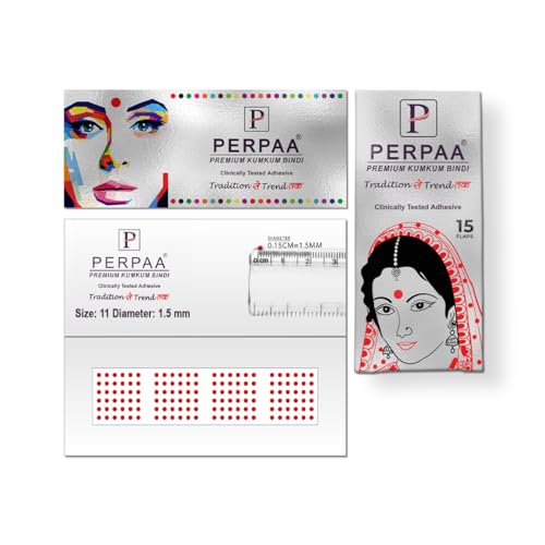 Image of PERPAA Premium Velvet Sticker Kumkum Bindi Box of 15 Flaps - Pottu for Women,Ladies, Girls (Size 11, Diameter 1.5mm, Red)