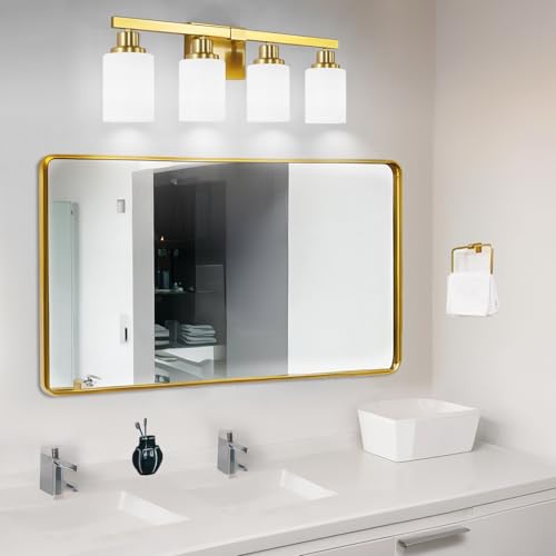 Image of 4-Light Gold Vanity Light Modern Bathroom Light Over Mirror 24in | White Frosted Ribbed Glass Shade Modern Bathroom Light Fixtures Bath Wall Mount Lights Wall Lamp for Mirror E26 Base