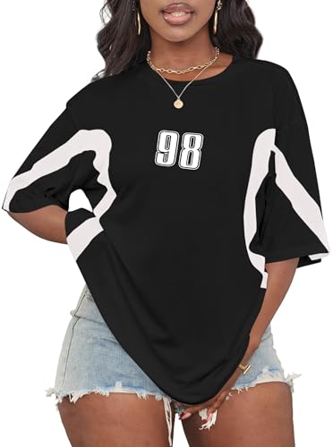 Hilinker Womens Oversized Graphic Tshirts Casual Summer Tees Short Sleeve Color Block Tops White Black Medium4
