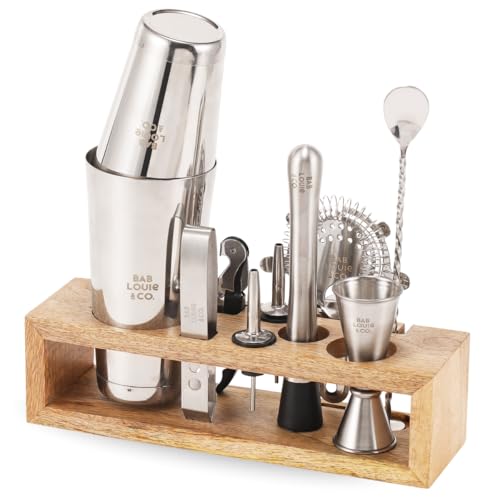 Image of Bab Louie & Co. Bar & Cocktail Set, Ultimate BarKit with Wooden Stand, Cocktail Shaker Set for Drink, Set of 10 Stainless Steel & Anti Rust Bar Accessories with Stylish Bar Stand, Gifts for Bartender