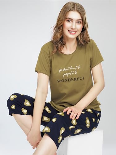 Image of ZEYO Night Suit for Women's Heart Printed Cotton Night Dress of Top and Capri Set 5745
