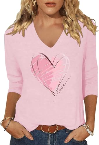 Image of Womens 3 /4 Sleeve V Neck Valentine T Shirts Love Heart Printed Graphic Tee Tops