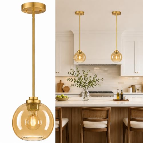 Image of MQMQA 2 Pack Gold Globe Pendant Lights, Mid Century Gold Pendant Light Fixtures, Amber Glass Pendant Lights Kitchen Island Adjustable Hanging Fixture for Dining Room (Bulbs not Included)