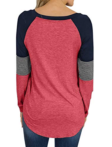 Hilltichu Womens Color Block Round Neck Tunic Tops Casual Long Sleeve Shirt Blouse Peach