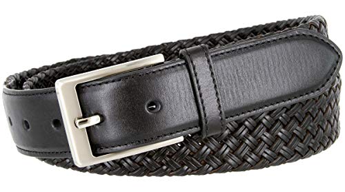 BL035 Brushed Plated Buckle Cross-weaved Genuine Leather Dress Belt 1 3/8