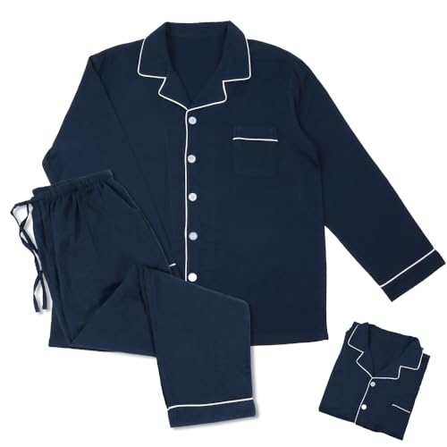 [YAKIDA] パジャマ メンズ 上下セット 前開き 長袖 綿100% ガーゼ ねまき 寝間着 ゆったり ルームウェア 吸汗 介護 入院 部屋着 父の日 敬老の日（ネービーL） - YAKIDA - 商品画像