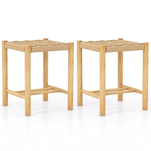 COSTWAY Juego de 2 Taburetes de Bar, Estructura de Madera de Goma y Asiento de Papel Tejido, Taburete sin Respaldo Rústico para Comedor, Cocina, 36 x 36 x 45 cm