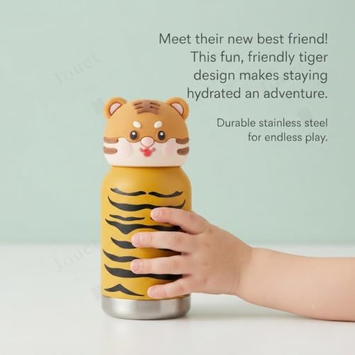 Image of JOUET Kids Stainless Steel Water Bottle 280ml with Tiger Print Design, Yellow Leakproof Drinking Bottle for School, Travel & Daily Use