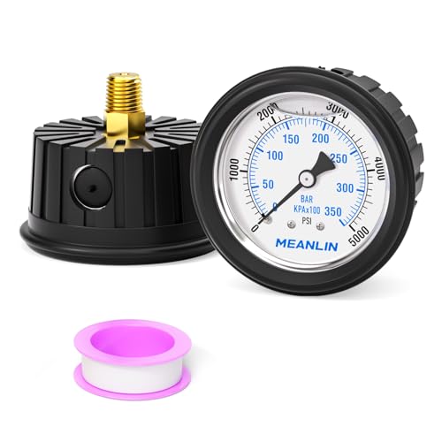 Image of MEANLIN MEASURE 0~5000Psi Stainless Steel Liquid Filled Pressure Gauge 1 /4 inch NPT 2.5 inch FACE DIAL with Rubber Protective Sleeve, Center Back Mount