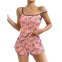 Ekouaer Womens Cami Pajama Sets 2 Piece Cute Print Pjs Soft Tank Top & Elastic Waist Shorts Camisole Lounge Set Black Love M