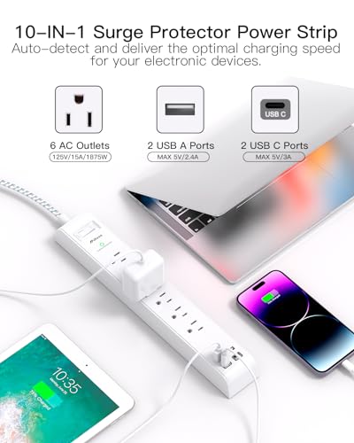 Surge Protector Power Strip 10 ft with 4 USB Ports 2 USB-C 6 AC Outlets, Flat Plug Extension Cord, USB Charging Station, Wall Mountable for Home, Office, Dorm Essentials, 1080J, ETL Listed