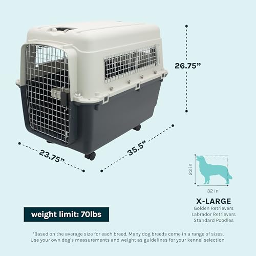 Image of SportPet Airline Compliant X-LARGE 32.25 inch Travel Dog Kennel-Durable Plastic Airline Pet Carrier w /Removable Wheels & Food Bowls, Collapsible Indoor /Outdoor Dog Kennel, Dog up to 32 inchL & 23 inchH-Cream /Gray