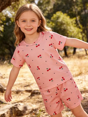 Image of KIDLAGA Girls Two Piece Sets Cherry Pattern Short Sleeve Shirts and Shorts Set With Pockets Girls Summer Outfits Size 7-14