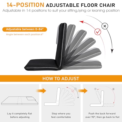 Image of Floor Chair with Back Support 14-Position Adjustable Floor Chair Portable Ground Seating for Adults & Kids Foldable Meditation Seat with Japanese KOYO Bearings & Washable Linen Cover (Black)