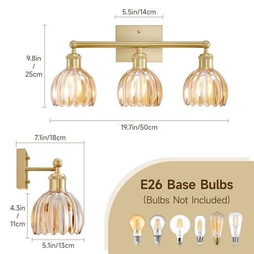 Image of Bathroom Vanity Light 3 Light, 20 in Brushed Brass Bathroom Light Fixtures, Vintage Wall Sconces,Bath Vanity Lights Over Mirror with Amber Tulip Glass Shade for Bedroom Living Room,E26 Base