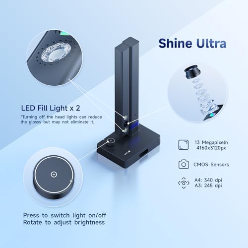 Detailaufnahme der CZUR-Scantechnik, die Buchkurven glättet und Seiten automatisch korrigiert.