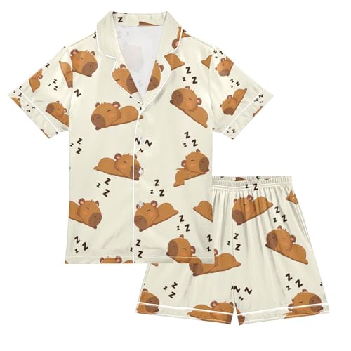 senya Sleep Funny Capybara A Satin Summer Pajama Sets Silk Short Sleeve Button Down Sleepwear