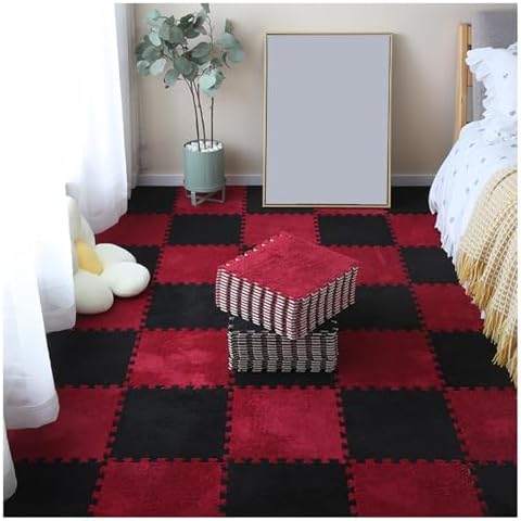 100Pcs Interlocking Foam Playmat Tiles 12"x12" - Fluffy Carpet Puzzle Pieces in Red & Black, Easy to Install & Clean, Perfect for Kids' Play Areas & Floor Protection