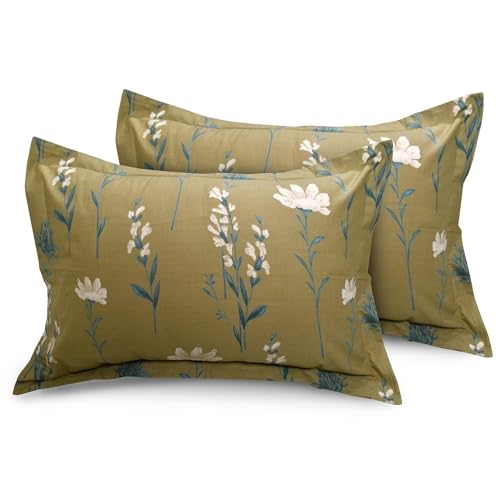 Image of HUESLAND by Ahmedabad Cotton 144 TC Double Bedsheet Cotton with 2 Pillow Covers | Olive Green, White & Grey