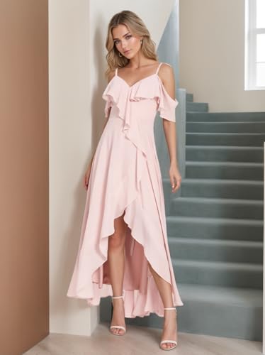 Cold Shoulder Bridesmaid Dresses for Women 2024 Chiffon Ruffle A-Line Hi-Lo Formal Evening Gowns V-Neck Open Back4