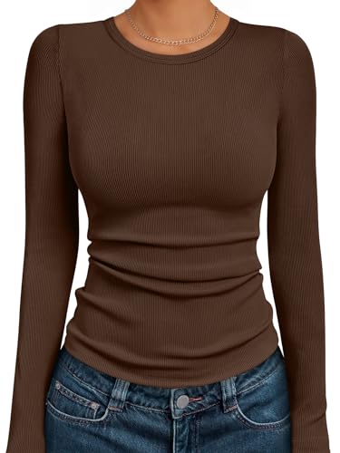 AUTOMET Womens Long Sleeve Fall Fashion Tops Casual Dressy Shirts Business Outfits Blouses Ribbed Knit Basic Tshirts Trendy Cute Workout Clothes Brown M