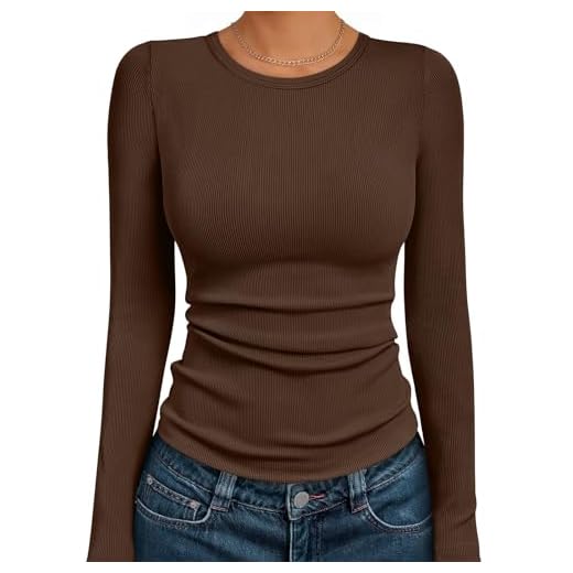 AUTOMET Women's Ribbed Long Sleeve Basic Top - Soft Stretch Crewneck Shirt for Work & Casual Brown XS
