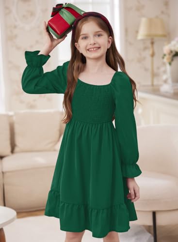 Girls Fall Ruffle Square Neck Dresses Long Puff Sleeve Smocked Elastic Cuffs Swing Midi Dress 6-14 Years4