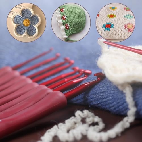 Image of VIRADHAM Crochet Hooks Set of 9 - Aluminum Crochet Needles with Soft Rubber Handles And Stitch Markers - Ergonomic Kit for Arthritic Hands - Comfortable Grip Yarn Craft Tools for All Skill Levels (Red)