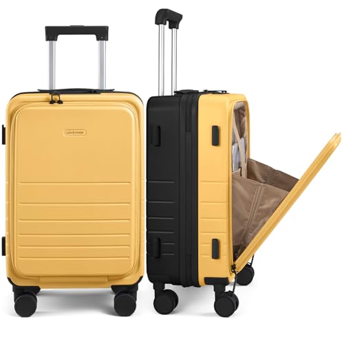 LOVEVOOK Hard Shell Carry On Luggage 22x14x9 Airline Approved 22 Inch Carry On Suitcase with Spinner Wheel TSA Lock Lightweight Travel Luggage Roller Rolling Suitcase Gift for Men & Women Yellow-Black
