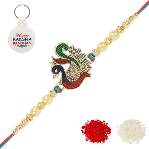 Image of Riddhika Ventures Alluring Gold Plated Floral and Pearl Rakhi (Bracelet) with Roli Chawal, Greeting Card and One Motivational Keychain