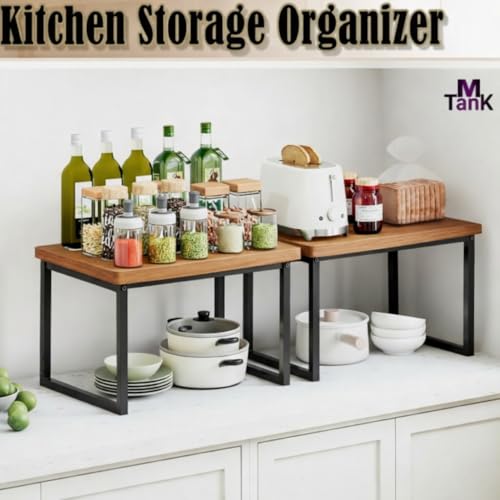 Image of MTANK Kitchen Countertop Organizer Rack for Microwave, Toaster & Jars - Sturdy Wooden & Metal Frame Stand with Storage Shelf | Large Spice Rack Storage Counter Shelf-Black Microwave Stand | (Brown)