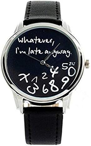S-Vavna Whatever I'm late anyway Print Leather Women Men Silver Quartz Watch Black