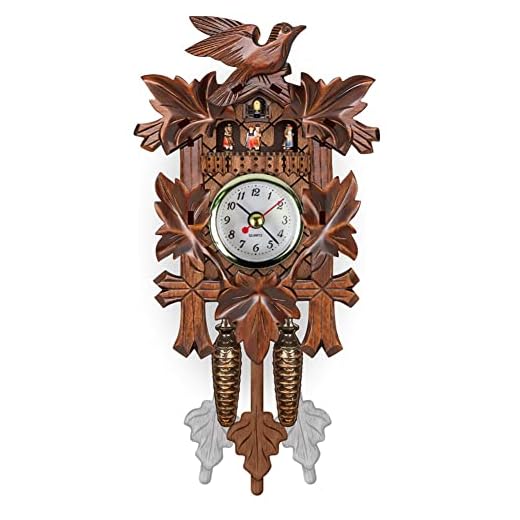 ikasus Quartz Cuckoo Clock Wall Cuckoo Clock Traditional Chalet Clock Antique Wooden Pendulum Time Display Cuckoo Bird Hanging Clock Wall Decoration for Home Bedroom Living Room Office Type 15