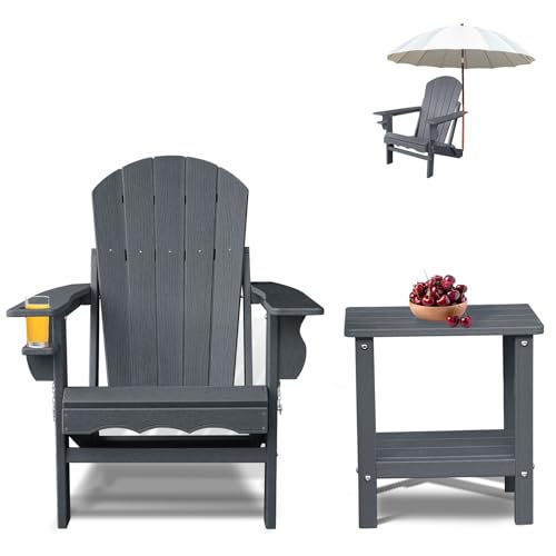 Folding Adirondack Chairs, Oversized HDPE Adirondack Chairs with Side Table and Cup Holder, Outdoor Fire Pit Chairs for Patio Garden and Backyard, Deck, Grey
