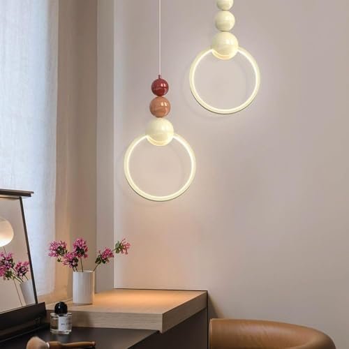 Pendant Light,Ring Lamp Cream LED Hanging Bedside Ceiling Lighting Fixture, 12W 3 Color Mode Lights for Kitchen Island Dining Table Geometric Droplight(Beige) [5]