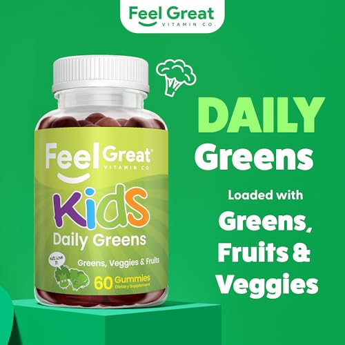 Image of Feel Great Super Green Gummies for Kids | Fruit and Vegetable Gummies | Vegan Veggie Gummy Multivitamin for Kids | Veggie Fiber Supplement | 60 Count
