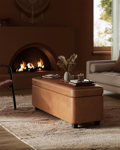 Image of VASAGLE EKHO Collection - Storage Ottoman Bench, Entryway Bedroom Bench, 25 Gallons, Synthetic Leather with Stitching, Mid-Century Modern, Safety Hinges, Loads 660 lb, Caramel Brown ULOM075K01
