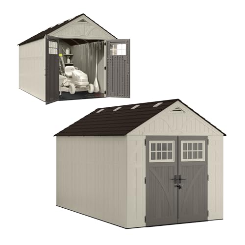 Suncast 8x10 Ft. Outdoor Storage Shed - Large Resin Outdoor Shed with Floor Included, Lockable Double Doors & Skylights. 547 Cu Ft Tremont Garden Plastic Sheds for Lawn Tools, Riding Mowers, & Bikes