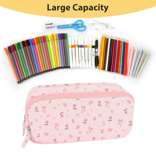 Image of FINPAC Pencil Case, Corduroy Triangle Makeup Bag, Kawaii Pen Bag Pouch Holder Box Organize for Study, Office, or Travel (Pink Rose Bow 2)