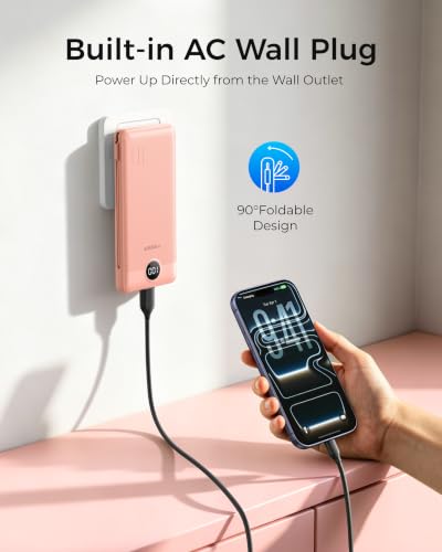 Image of VEGER Portable Charger with Built-in AC Plug and Cables, All in One 10000mAh Ultra Slim Power Bank Travel Essentials, USB C External Battery Pack Compatible with iPhone, Samsung, More, Dark Pink
