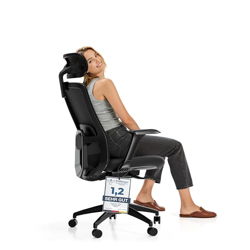 Desktronic Verstellbarer ergonomischer Bürostuhl | Schreibtischstuhl mit Lendenwirbelstütze, Höhenverstellung Körper Atmungsaktives Gewebe-Breite Sitzfläche SitOne Schwarz