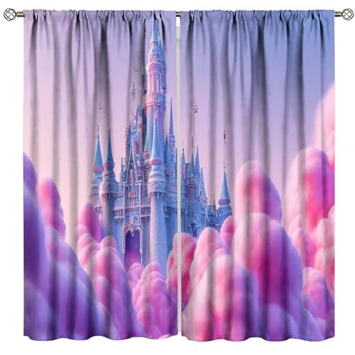 FengMingRui Kids Girls Pink Castle Blackout Curtains Fairy Tale World Natural Scenery Window Treatment for Bedroom Living Room Home Decor Window Drapes 52