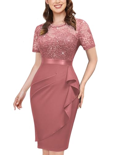 Miusol Women's Elegant Sequin Floral Lace Scoop Neck Ruffle Style Cocktail Party Dress