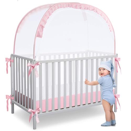 L RUNNZER Crib Tent, Portable Crib Cover to Keep Baby from Climbing Out, Safe &amp; Breathable Crib Net, Easy to Install and Store, Pink