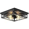 DIKAIDA 4-Light Flush Mount Ceiling Light Fixture, Kitchen Lights, Black Farmhouse Flush Mount Light Fixture, Metal Cage Closed to Ceiling Mounted Lights for Hallway Entryway E26 Base(1 Pack 13in)