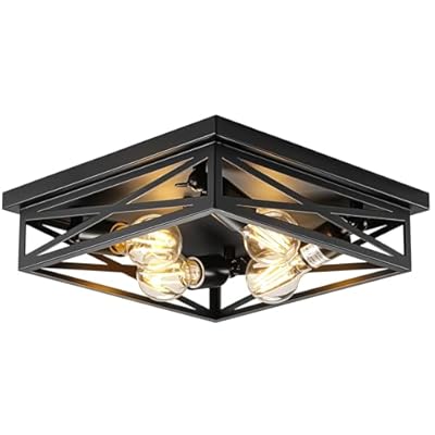 DIKAIDA 4-Light Flush Mount Ceiling Light Fixture, Kitchen Lights, Black Farmhouse Flush Mount Light Fixture, Metal Cage Closed to Ceiling Mounted Lights for Hallway Entryway E26 Base(1 Pack 13in)