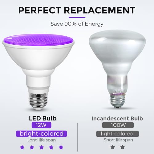Image of L LOHAS LED Purple Halloween Flood Light Bulbs, PAR30 Flood Light Outdoor | LED 12 Watt Colored Porch Bulb, 100W Equivalent, E26 Base Ideal for Home Lighting, Holiday, Party Decoration, 2 Pack